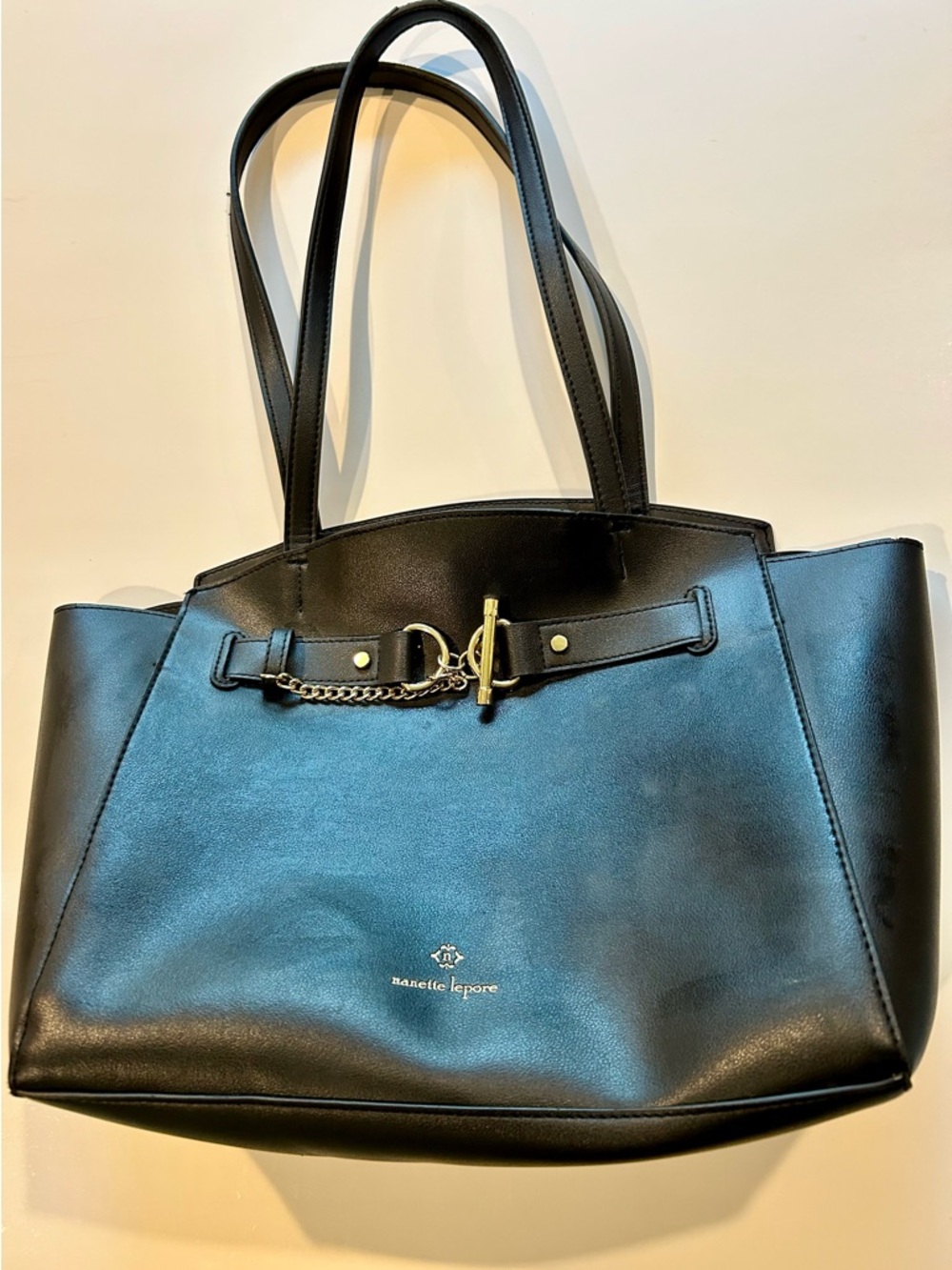 Nanette Lepore Black Tote with Gold Chain Accent